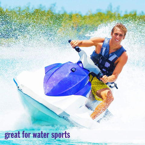 Person jet skiing, promoting AquaBlock Silicone Ear Plugs For Swimming 2 Pair Waterproof Reusable Ear Protection activities.