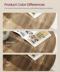 Round Coffee Table With Storage, 2 Tier Center Table, 31.5 Inch Diameter, Honey brown finish under different lighting