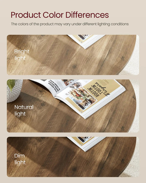 Round Coffee Table With Storage, 2 Tier Center Table, 31.5 Inch Diameter, Honey brown finish under different lighting