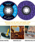 Six Pack Four And A Half Inch By Seven Eighths Inch Strip Discs Stripping Wheel For Angle Grinder Remove Paint Coating Rust Welds Oxidation Clean Up Jobs shown with usage examples.
