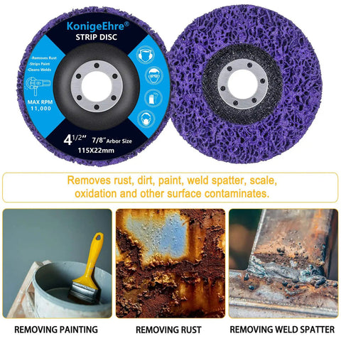 Six Pack Four And A Half Inch By Seven Eighths Inch Strip Discs Stripping Wheel For Angle Grinder Remove Paint Coating Rust Welds Oxidation Clean Up Jobs shown with usage examples.