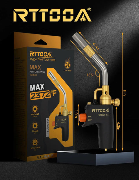 Propane Torch Head With Trigger Start High Intensity Pencil Flame For Soldering Welding Cooking DIY Friendly Mapp Propane Gas Compatible CSA Certified Ergonomic Non Slip Handle Upgrade For Precise Flame Control, shown with packaging.