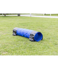 Blue dog agility tunnel for training and fun, 78.7 inch long and 15.7 inch diameter, set on a grassy field
