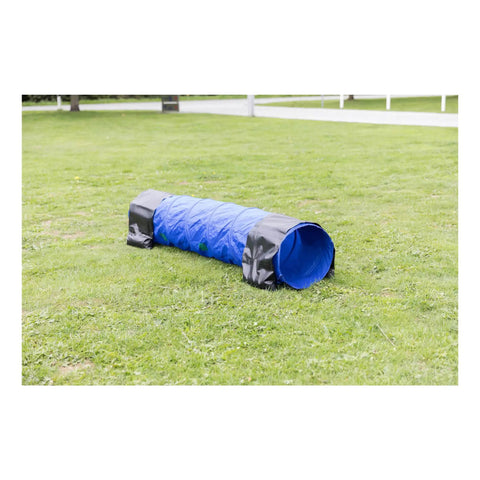 Blue dog agility tunnel for training and fun, 78.7 inch long and 15.7 inch diameter, set on a grassy field