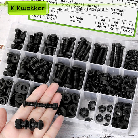 Heavy Duty 500 Piece Set M6 And M8 Screw And Nut Kit with lock nuts, washers, and wrenches, box of various sizes, 12mm-40mm, shown in hand