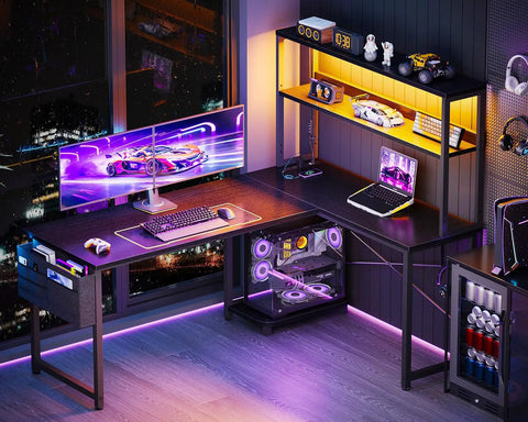 L Shaped Gaming Desk With LED Lighting And Built In Power Outlets, Reversible Corner Computer Table With Storage Shelves