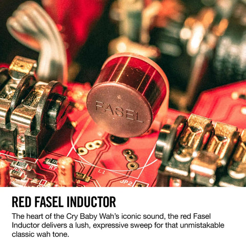 Close-up of red Fasel inductor used in the 535Q Multi Wah Guitar Pedal With Adjustable Boost And Six Wah Ranges For Dialed In Expressions