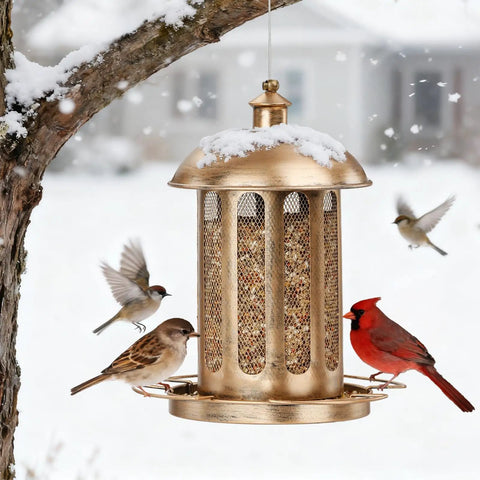 Large Capacity Metal Bird Feeder For Outdoor Hanging Built To Last Heavy Duty Wild Bird Feeder With Lantern Shaped Vintage Look
