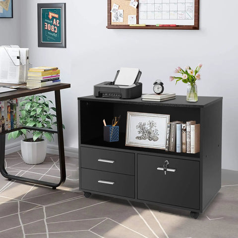 Slick Three Drawer File Cabinet With Secure Lock, Smooth Rollin Office Storage Unit Packed With Handy Shelves And Tough Printer Stand, Matte Black Build With No Sweat Assembly