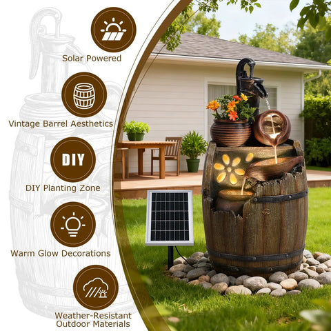 Solar Powered Rustic Barrel Water Fountain With LED Lights, 29 Inch Tall 4 Tier Cascading Outdoor Waterfall For Garden
