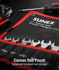 SAE Stubby Wrench Set 3/8 To 15/16 Inch, 11-Piece in canvas roll pouch, compact design with 15-degree box end offset.