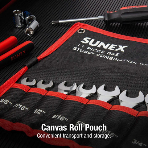 SAE Stubby Wrench Set 3/8 To 15/16 Inch, 11-Piece in canvas roll pouch, compact design with 15-degree box end offset.