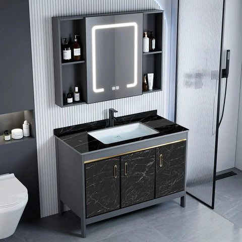 Bathroom vanity with black marble countertop using self adhesive marble countertop wallpaper peel and stick black marble design with grid back for easy cutting 18 inch by 394 inch roll durable DIY friendly kitchen counter cover