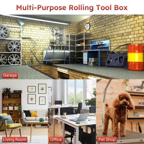 Collage of a multi-purpose rolling tool box shown in a garage, living room, office, and pet shop setting.