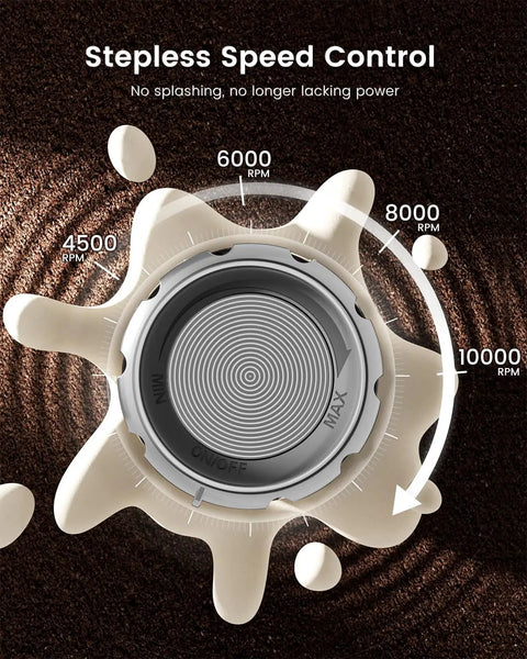 Rechargeable Milk Frother With Game-Changer Stepless Speed Control dial showing speed range from 4500 to 10000 RPM.