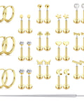 Threadless Flat Back Stud Earrings For Women And Men, 14K Gold Plated 20G, No Screw Push In Design, Easy Cartilage Piercing Jewelry For Everyday Wearing. Assorted gold flat-back studs and hoops on display