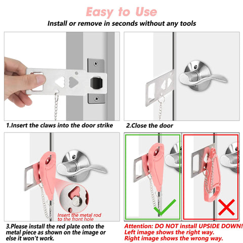 Image showing installation steps for Pink Portable Door Locker For Travel And Home Security Easy To Use Door Lockdown