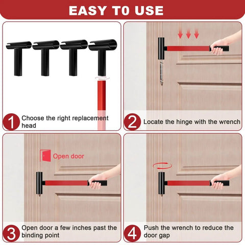 4 In 1 Door Hinge Adjustment Tool Kit With Rotary Gap Adjuster steps for use on residential and commercial doors