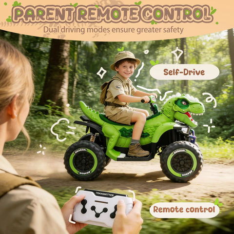 Child riding 24V Dinosaur Ride On ATV For Kids Aged 4 To 8 That Is Totally Rad With Dual 200W Motors, parent holding remote control