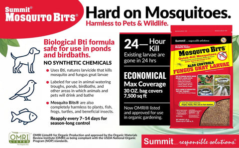 Kick Those Pesky Mosquitoes To The Curb With Premium Biological Bits For Yards And Garden Ponds Fast Acting Larvae Killer Delivers Epa Approved Bug Defense That Keeps Your Summer Chill Intact Inside A Practical Thirty Ounce Sealed Jar with details on safe use in ponds and birdbaths.