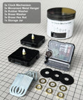 Gold Clock Hands And Quartz Movement Kit For DIY Wall Clocks with mechanisms, washers, hangers, brass nuts, storage jar