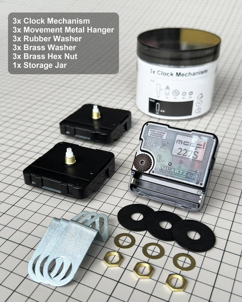 Gold Clock Hands And Quartz Movement Kit For DIY Wall Clocks with mechanisms, washers, hangers, brass nuts, storage jar