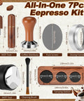 Pro Game Changer 7 Piece Espresso Essentials Featuring 53 Mm Tamper Wdt Tool Coffee Distributor Dosing Funnel Puck Screen Double Head Brush And Sapele Handle For Smooth Hits components with sizes and materials displayed on a beige background.