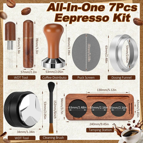 Pro Game Changer 7 Piece Espresso Essentials Featuring 53 Mm Tamper Wdt Tool Coffee Distributor Dosing Funnel Puck Screen Double Head Brush And Sapele Handle For Smooth Hits components with sizes and materials displayed on a beige background.