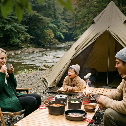Family enjoying meal with Durable Camping Cookware Set With Portable Pots And Pans For Outdoor Backpacking by a campfire