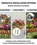 Big Time 24 Inch Window Box Railing Planter With Rock Solid Metal Build And Real Coco Coir Liner Made For Outdoor Deck Balcony Porch Fence And Patio Looks Black 2 Pack installation options with flowers.