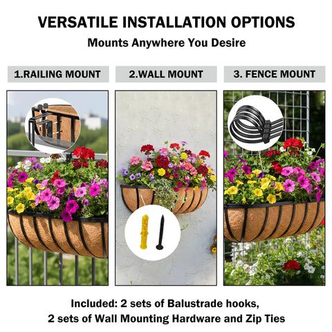 Big Time 24 Inch Window Box Railing Planter With Rock Solid Metal Build And Real Coco Coir Liner Made For Outdoor Deck Balcony Porch Fence And Patio Looks Black 2 Pack installation options with flowers.