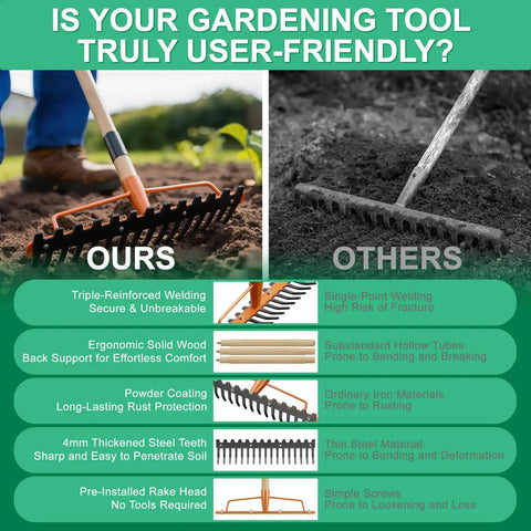 Comparison of Heavy Duty Bow Rake With 17 Tines And 55 Inch Adjustable Wooden Handle and standard rake in outdoor use
