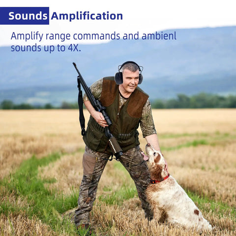 Man using Electronic Shooting Ear Protection Muffs With 30 dB NRR And 0.01s Reaction Time, holding shotgun, with dog