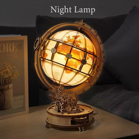 Illuminated Globe 3D Wooden Puzzle With Stand For Adults 180 Piece Build Built In LED Model Kit Cool Hobby Gift Home Decor Dorm Room Accent Relaxing Night Light on desk