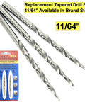 Three 11/64 inch replacement tapered drill bits displayed with packaging, featuring FTG carbide tipped design.