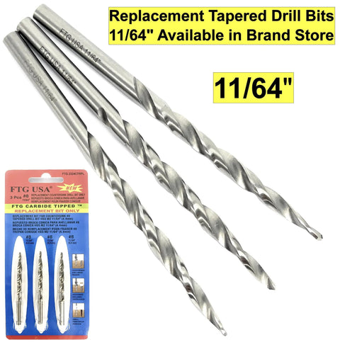 Three 11/64 inch replacement tapered drill bits displayed with packaging, featuring FTG carbide tipped design.