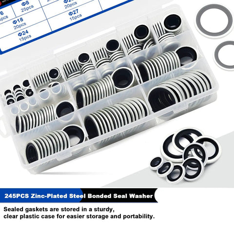 245 Piece Bonded Sealing Washers Set For Automotive And Marine Use NBR Rubber With Zinc Plated Steel Self Centered Gasket Washers