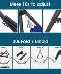 Camping Hammock With Stand Easy Setup For Two Person 600 Lb Capacity Collapsible Hammock And Heavy Duty Multifunctional Stand No Screws Noiseless Frame Portable Blue Outdoor Gear assembly instructions showing frame connection and folding steps.