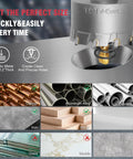 Heavy Duty Carbide Hole Saw 1-3/4 Inch With Titanium Center Bit, showing uses on copper, aluminum, wood, and steel.