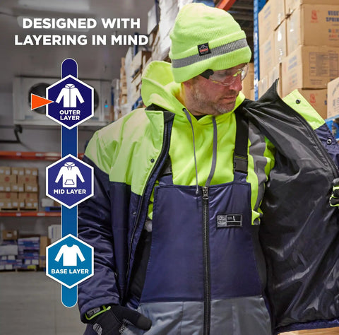 Man wearing Heavy Duty Insulated Freezer Jacket Tailored To Brutal Cold Storage Jobs, demonstrating layering with fleece and shell.