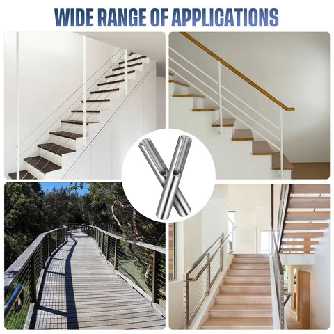 50 Pack 316 Marine Grade Stainless Steel Invisible Cable Railing Kit For 1/8 Inch Rope in various stair and balcony setups.