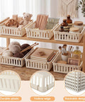 Bulk Set Of Six Small Beige Plastic Storage Baskets Perfect For Desk Drawer And Countertop Tidy Organization Slick Heavy Duty Design Keeps Your Stash Pretty Sorted, showcasing toys, crafting supplies, and cosmetics in a stylish organizer.