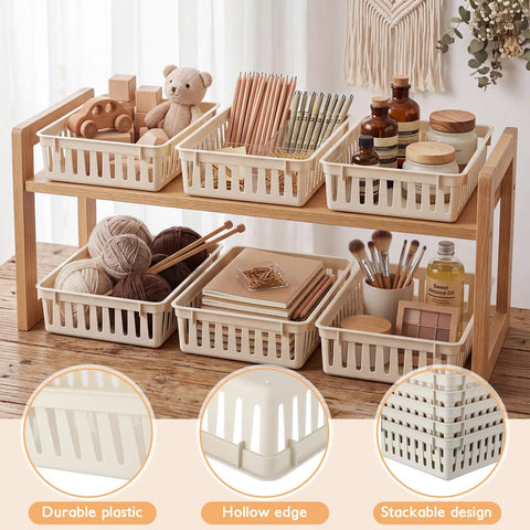 Bulk Set Of Six Small Beige Plastic Storage Baskets Perfect For Desk Drawer And Countertop Tidy Organization Slick Heavy Duty Design Keeps Your Stash Pretty Sorted, showcasing toys, crafting supplies, and cosmetics in a stylish organizer.