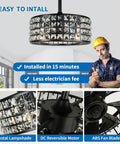 Bladeless Ceiling Fan With Lights And Remote Control Industrial Fandelier Style Cage Fan with crystal lampshade and ABS blades.