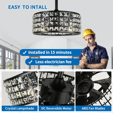 Crystal Ceiling Fan With Lights And Remote Bladeless Fandelier 18 Inch, black finish, installation guide, close-up details