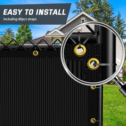 Chain Link Fence Privacy Screen 6 By 50 Feet, 90 Percent Privacy Outdoor Fence Cover With Brass Grommets close-up installation view