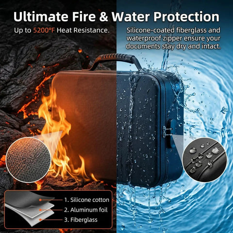 Fireproof Document Box With Lock Soft Shell For Important Papers Passports Certificates And A 14 Inch Laptop Water Resistant File Organizer showing fire and water resistance