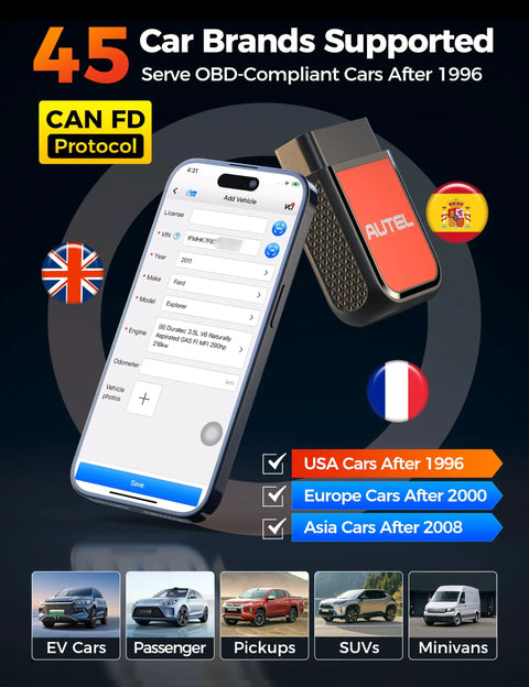 2026 Upgraded Bluetooth OBD2 Scanner And Code Reader For All System Scanning, shown with smartphone interface and vehicle compatibility details.