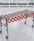 Heavy Duty Flexible Roller Conveyor With 600 Lbs Load Capacity, Extendable Telescopic Belt System For Warehouse Loading Docks And Material Handling Plus Adjustable Height Wheels in a warehouse with orange wheels.