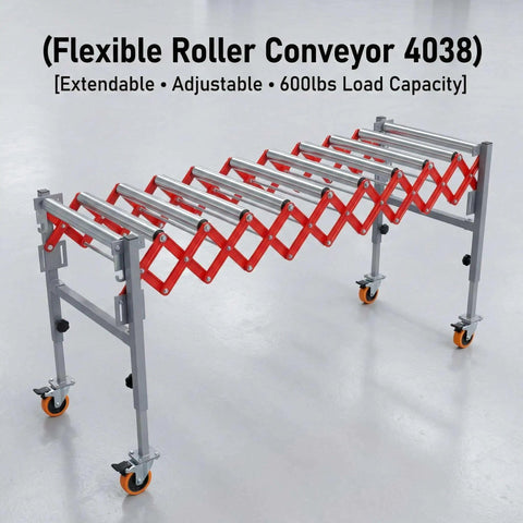Heavy Duty Flexible Roller Conveyor With 600 Lbs Load Capacity, Extendable Telescopic Belt System For Warehouse Loading Docks And Material Handling Plus Adjustable Height Wheels in a warehouse with orange wheels.